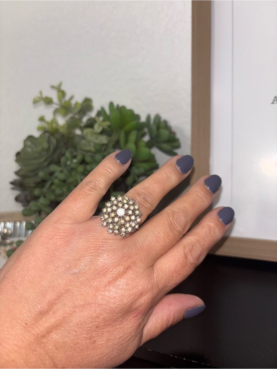 Vintage Jewelry - Vintage 18K White Gold Plated Crystal Floral Cluster Cocktail Ring